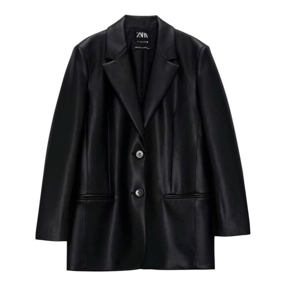NWT Zara Blazer Women's XXL Black Faux Leather Oversized Two Button Blogger Fave - Picture 5 of 8